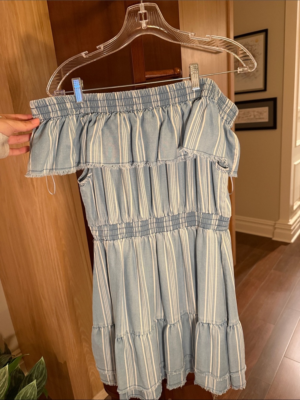 BB Dakota Light Blue Striped Off-Shoulder Dress
